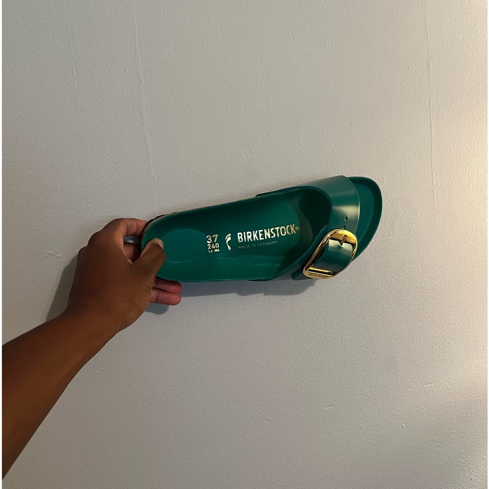 Birkenstock Madrid Big Buckle Sandle in the green shine color way